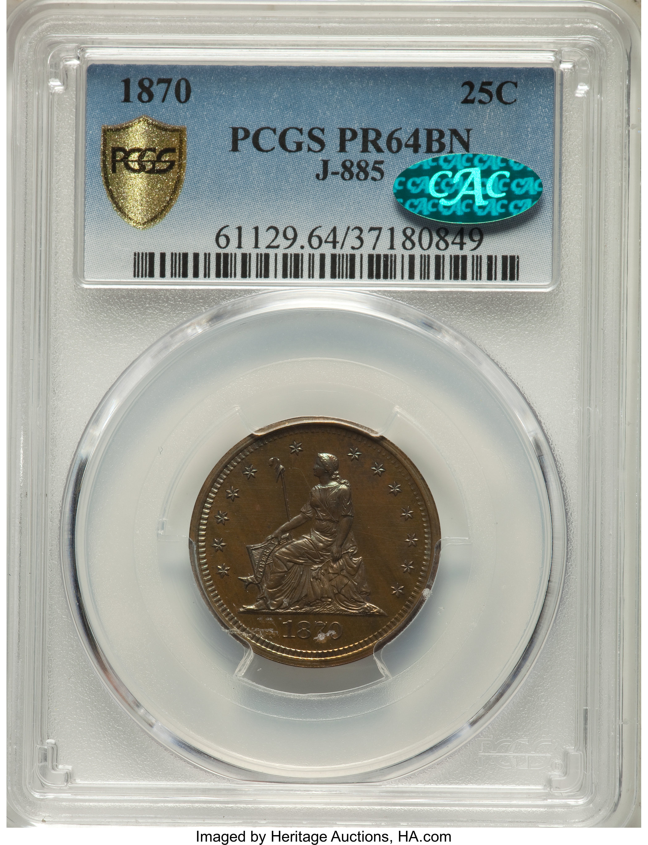 image for: 1870 25C Quarter Dollar, Judd-885, Pollock-983, Low R.7, PR64 Brown PCGS. CAC....