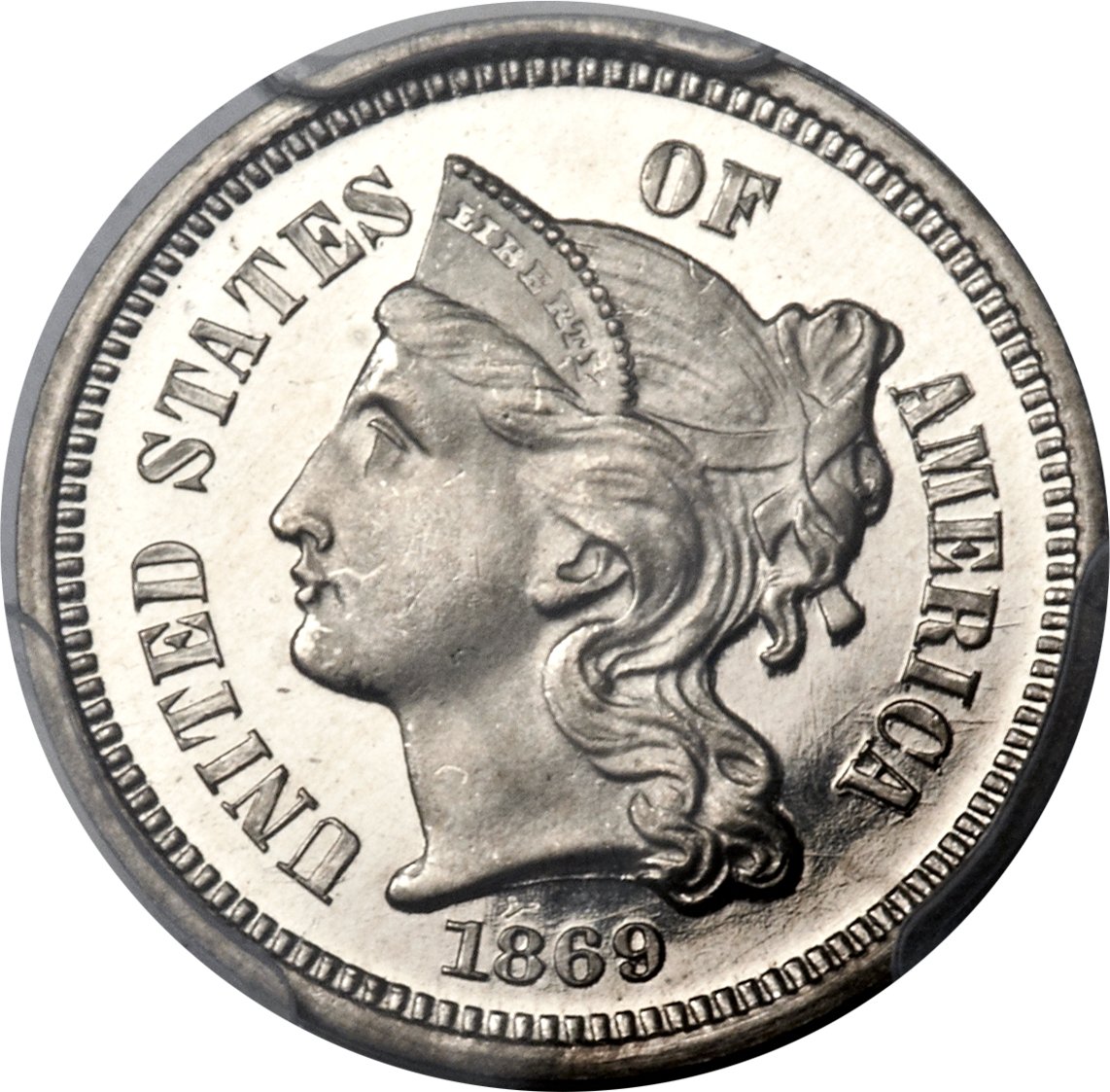 image for: 1869 3CN PR66 Deep Cameo PCGS. CAC. PCGS Population: (17/2). NGC Census: (13/5). PR66. From The Michelle McCaulley Me...