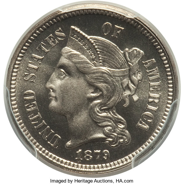 image for: 1879 3CN PR67 Cameo PCGS. CAC. PCGS Population: (45/1). NGC Census: (29/7). PR67. From The Michelle McCaulley Memoria...