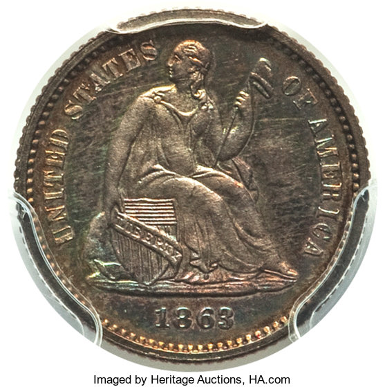 image for: 1863 H10C PR65 PCGS. CAC. PCGS Population: (34/17 and 1/1+). NGC Census: (24/18 and 0/0+). PR65. Mintage 460....