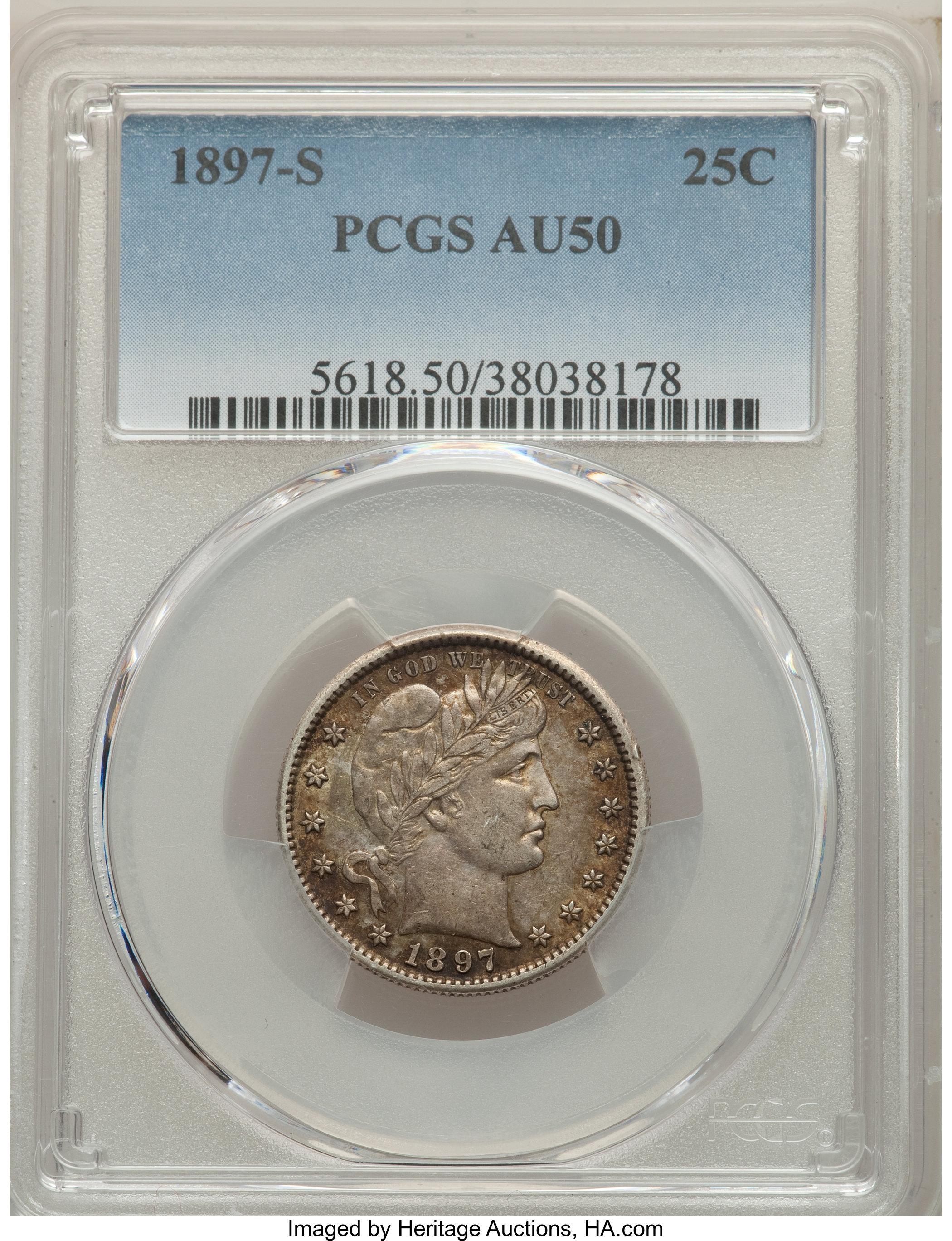 1897-S 25C AU50 PCGS. PCGS Population: (10/89). NGC Census: (1/55). CDN: $1,100 Whsle. Bid for problem-free NGC/PCGS AU50. ...