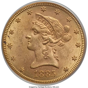 image for: 1885-S $10 MS63 PCGS. PCGS Population: (110/7). NGC Census: (53/2). CDN: $900 Whsle. Bid for problem-free NGC/PCGS MS63. Mi...