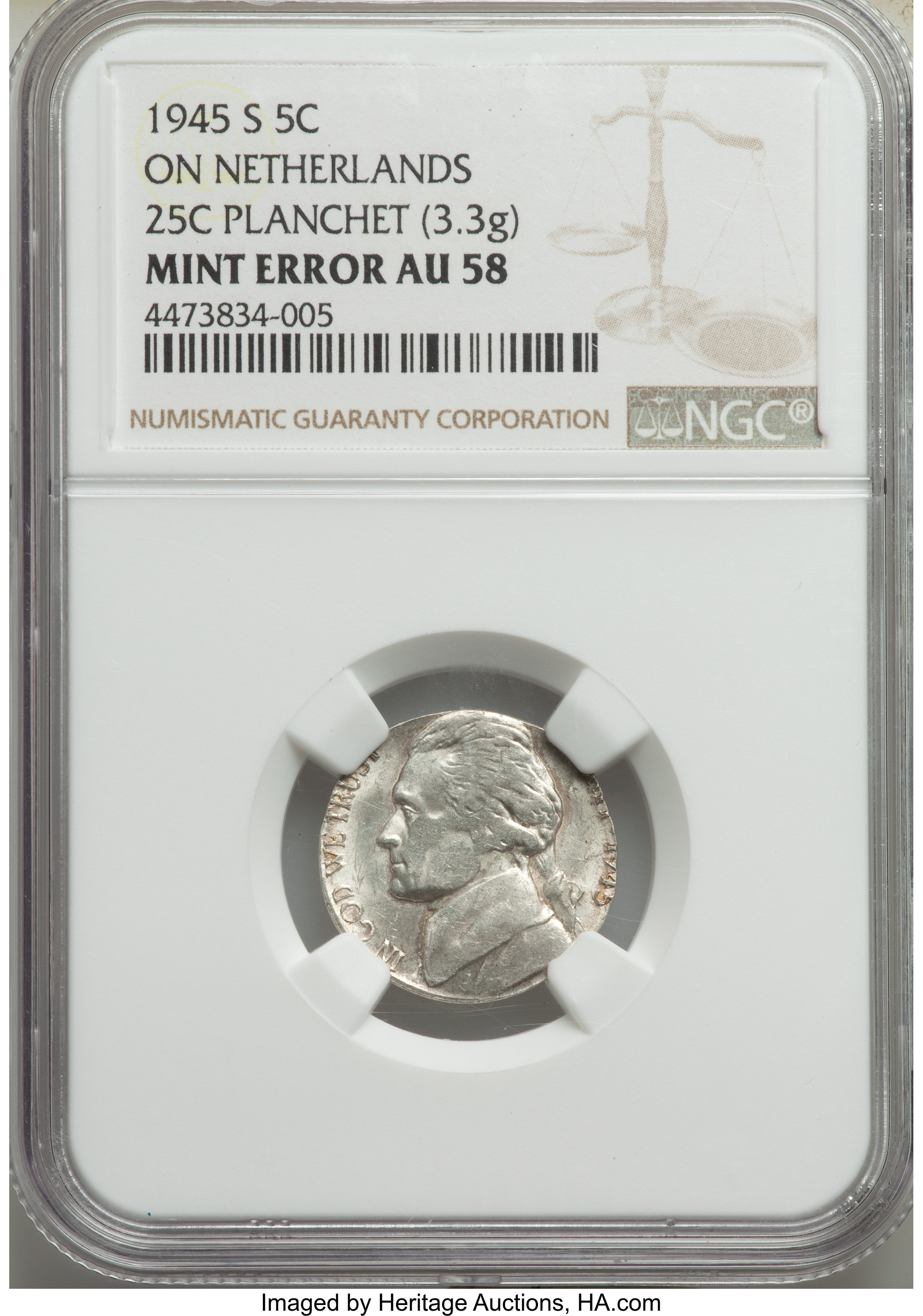 1945-S 5C War Nickel -- On a Netherlands 25 Cent Planchet -- AU58 NGC. 3.3 grams....
