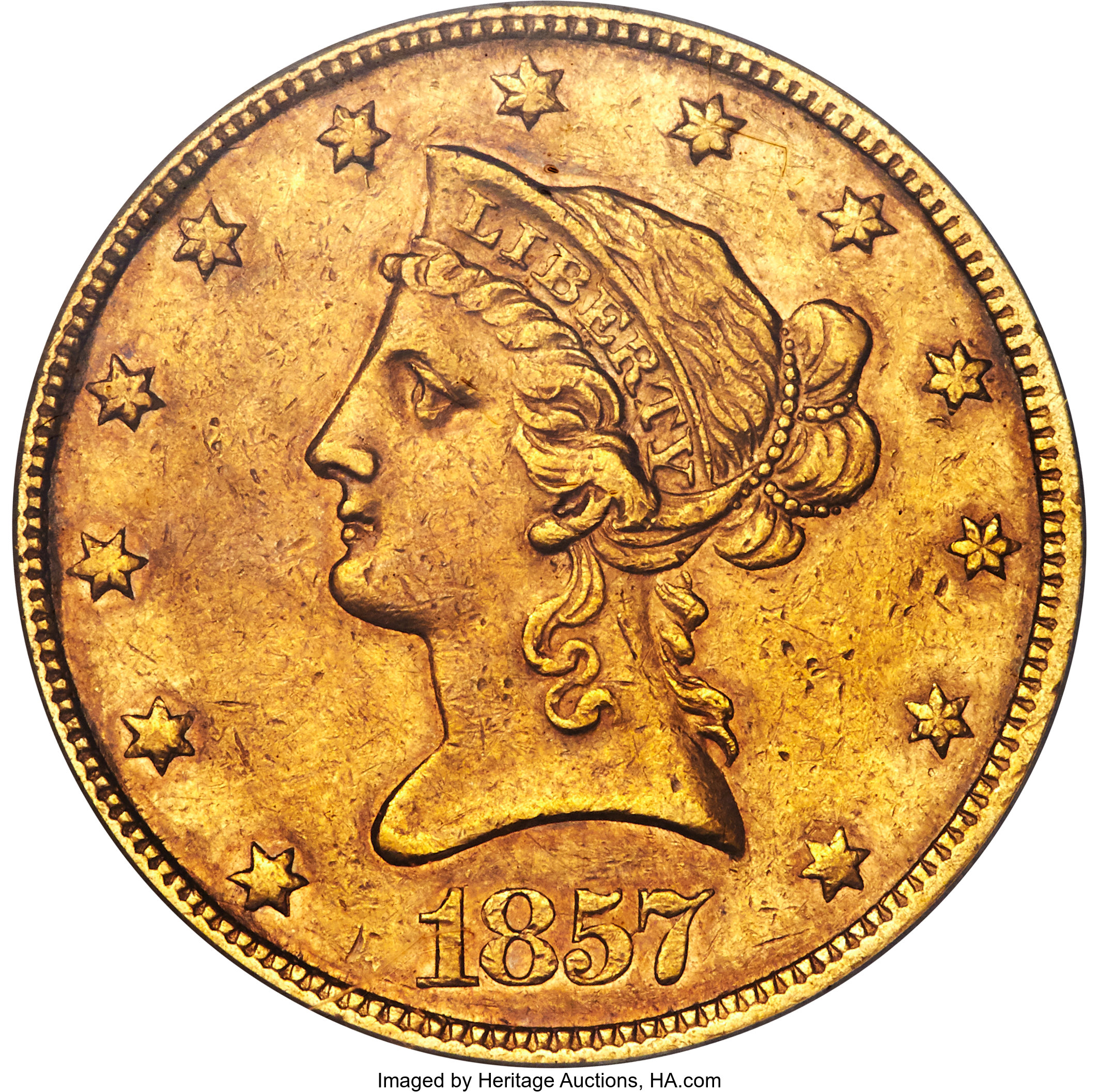 image for: 1857 $10 AU50 PCGS....