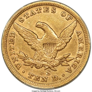 image for: 1865-S $10 865 Over Inverted 186 AU53 PCGS....