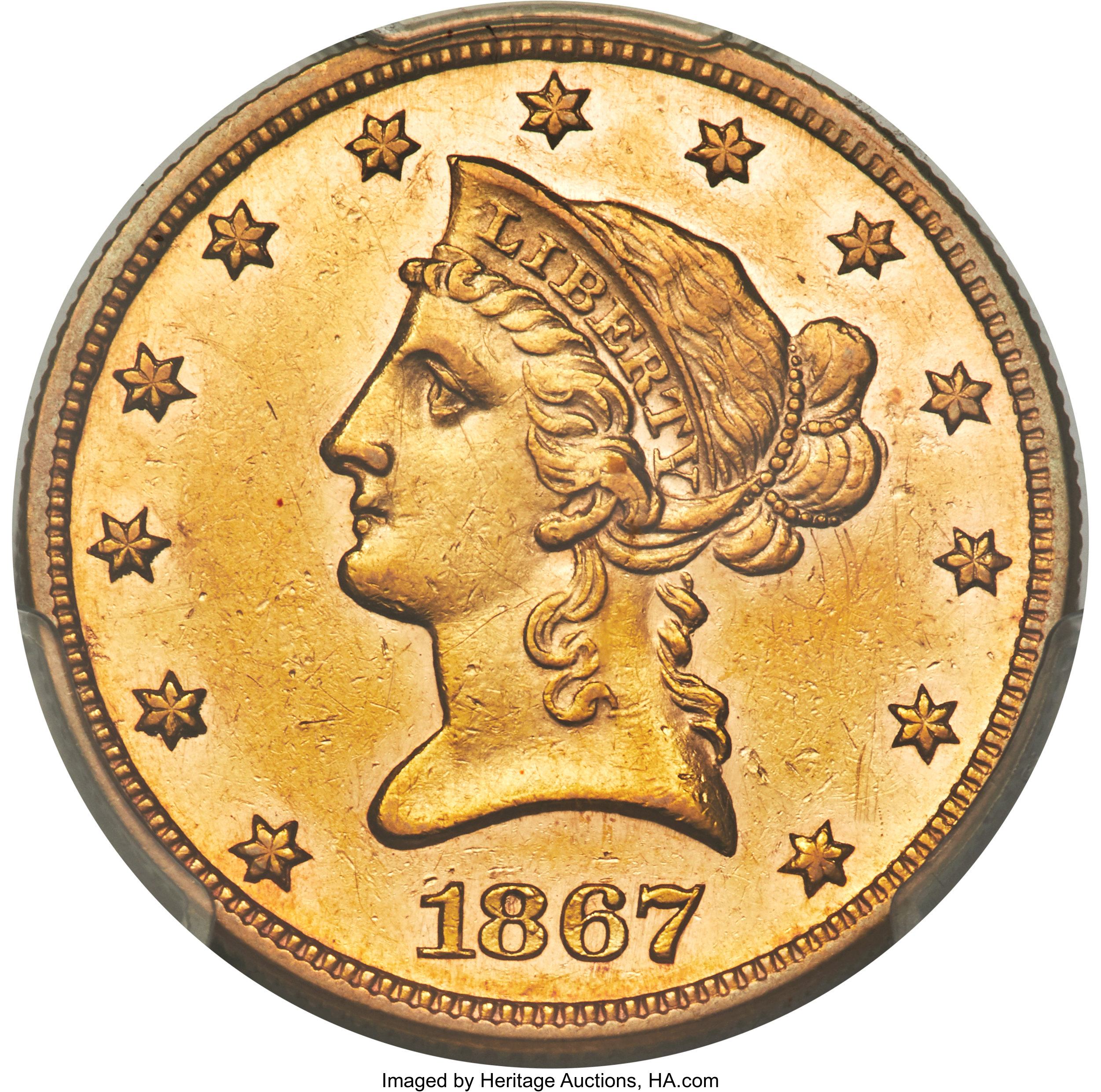 image for: 1867 $10 AU58 PCGS....