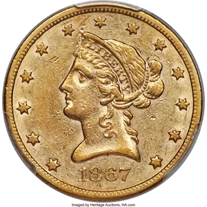 image for: 1867-S $10 AU50 PCGS. CAC....