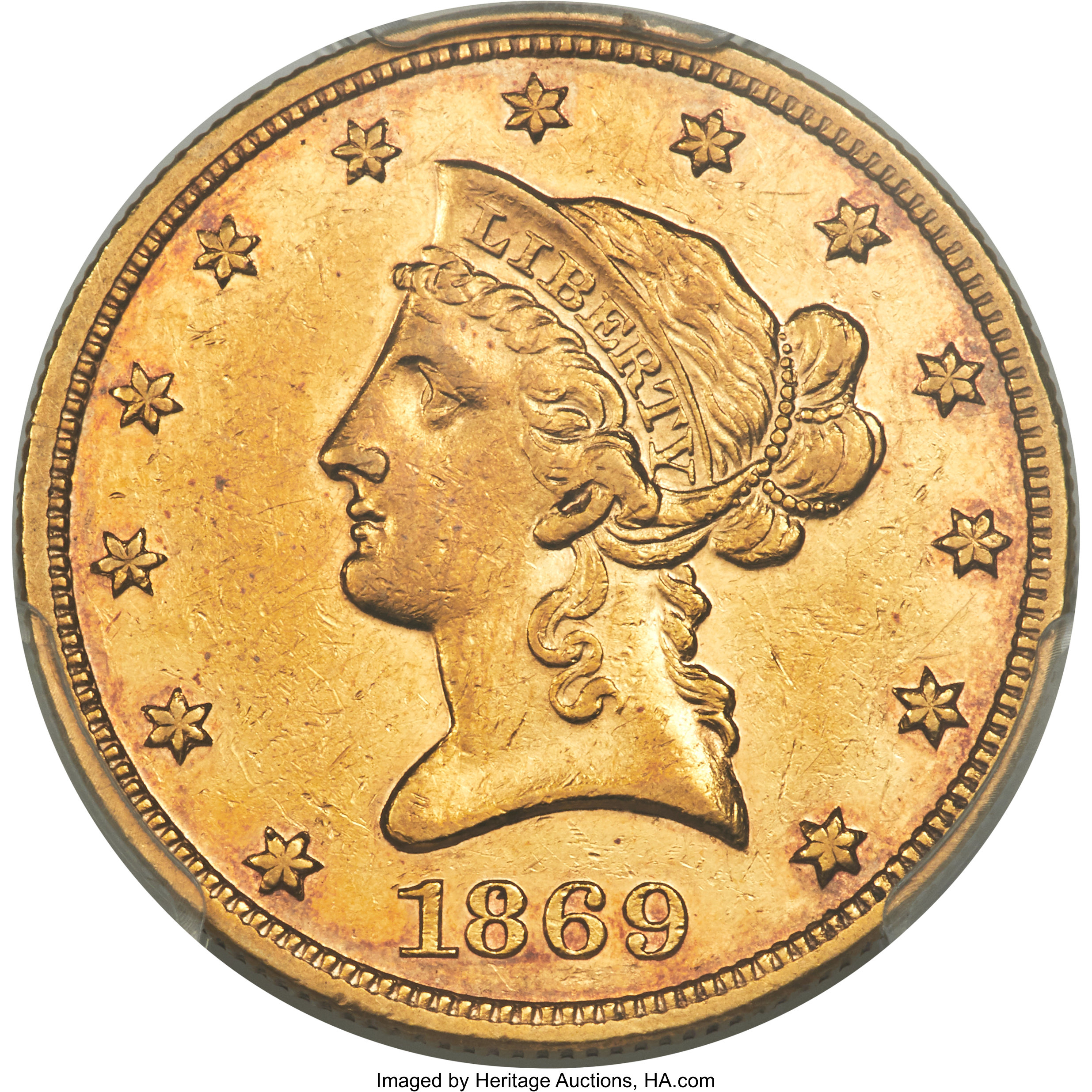 image for: 1869 $10 AU55 PCGS....