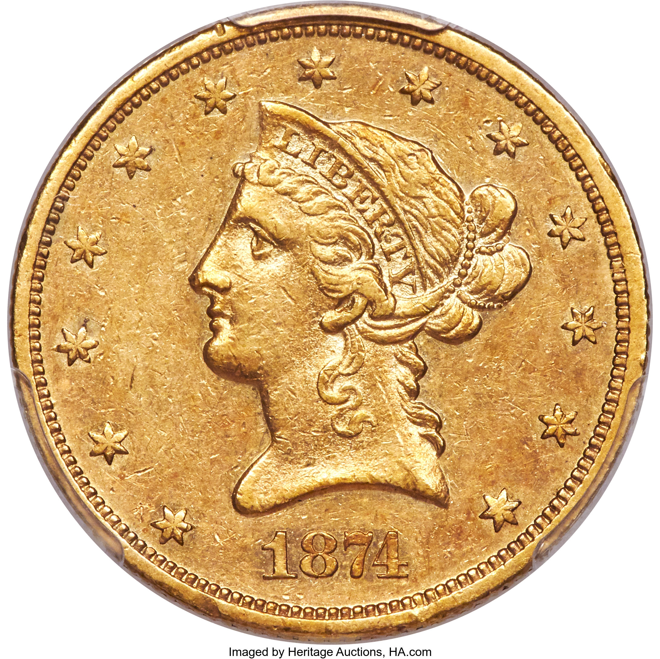 image for: 1874-S $10 AU53 PCGS....
