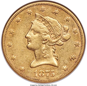 image for: 1875-CC $10 AU50 NGC. Variety 2-B....