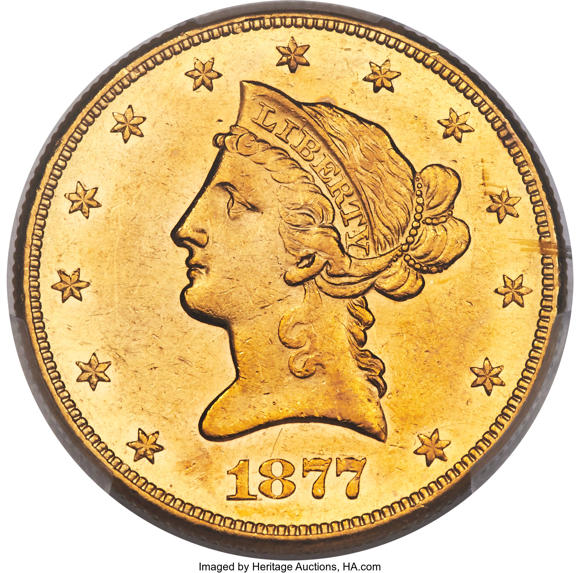 image for: 1877-CC $10 AU55 PCGS. Variety 1-A....