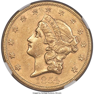 image for: 1854 $20 Large Date AU58 NGC....