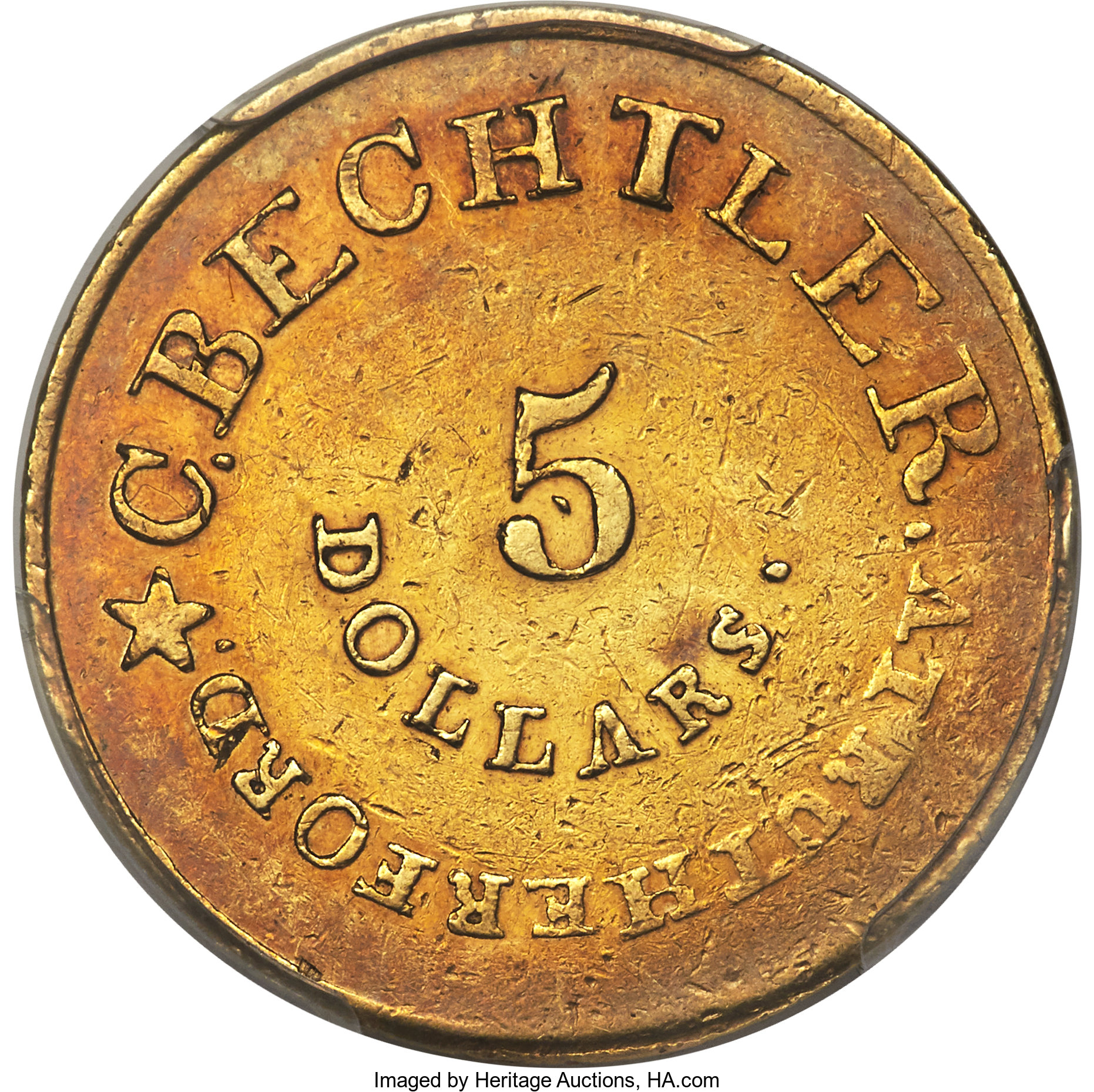 image for: (1834-37) $5 C. Bechtler Five Dollar, RUTHERFORD, Plain Edge, XF40 PCGS. K-17, R.5....