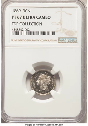 image for: 1869 3CN PR67 Ultra Cameo NGC....