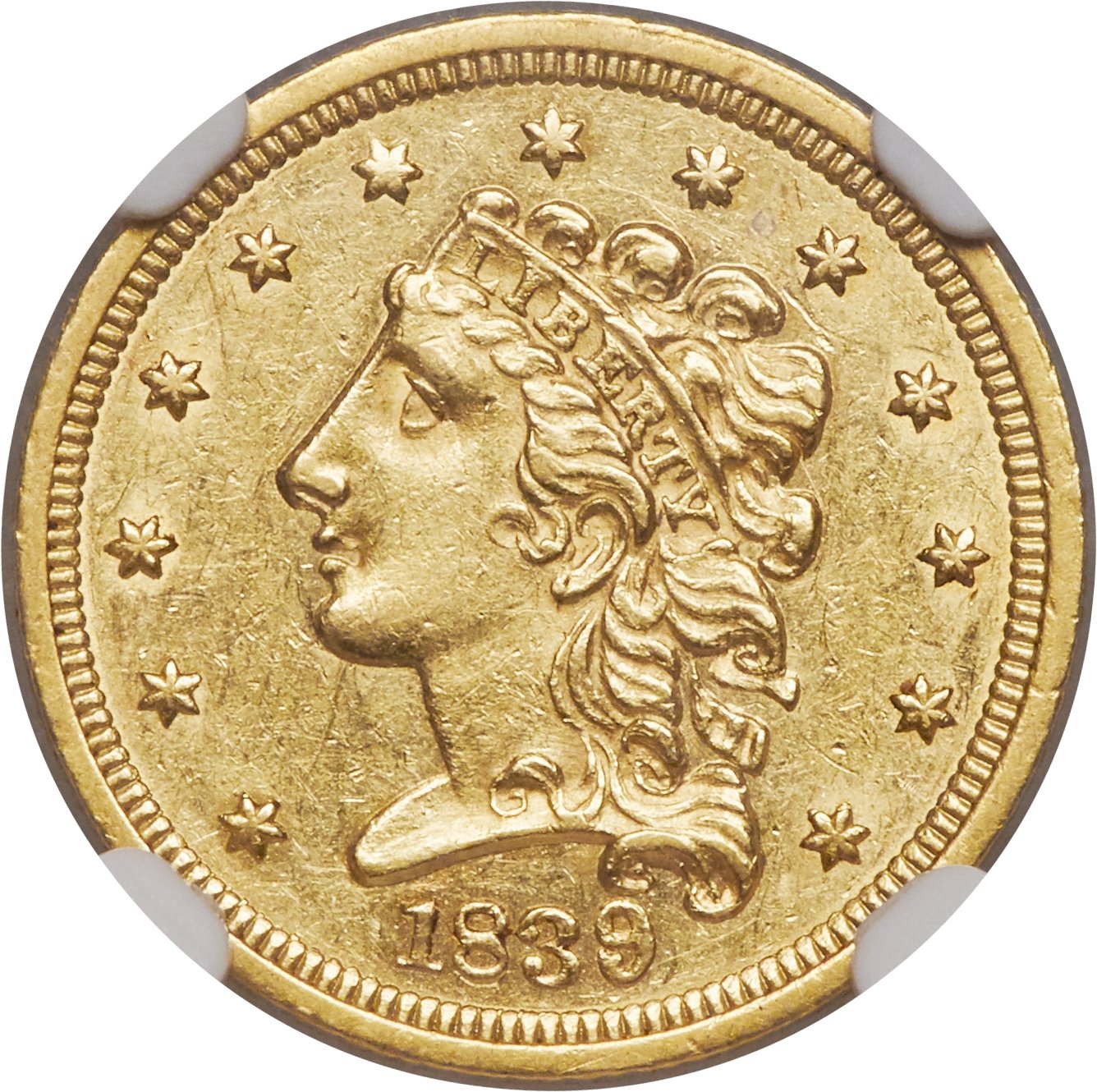 image for: 1839 $2 1/2 AU58 NGC. Breen-6148, Variety 21, R.3....