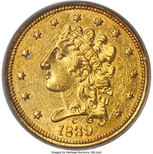 image for: 1839-C $2 1/2 AU50 PCGS. Breen-6150, Winter-2, Variety 22, R.4....
