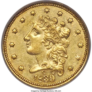 image for: 1839-C $2 1/2 AU55 PCGS. Breen-6150, Winter-2, Variety 22, R.4....