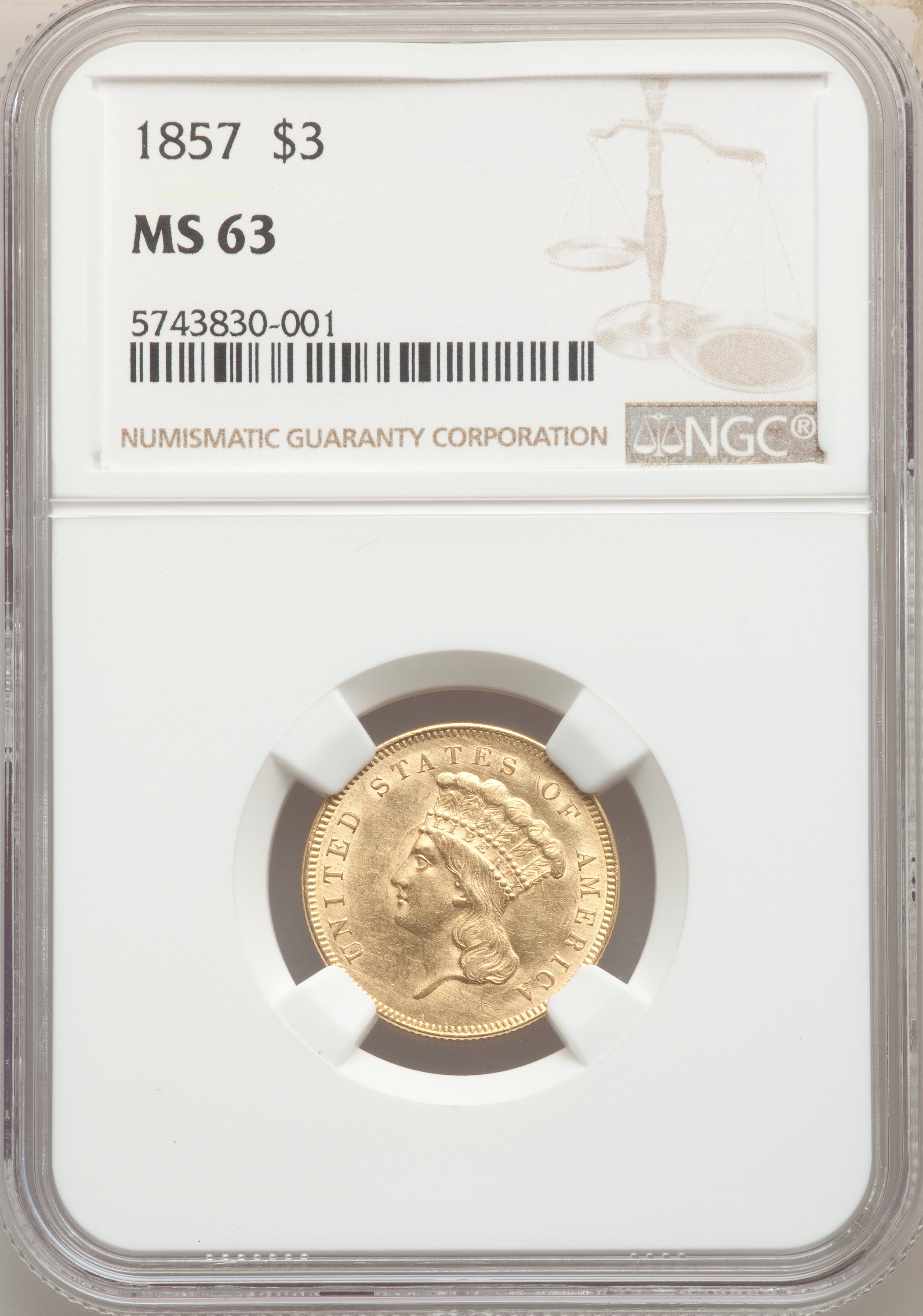 1857 $3 MS62 CAC thumbnail 7