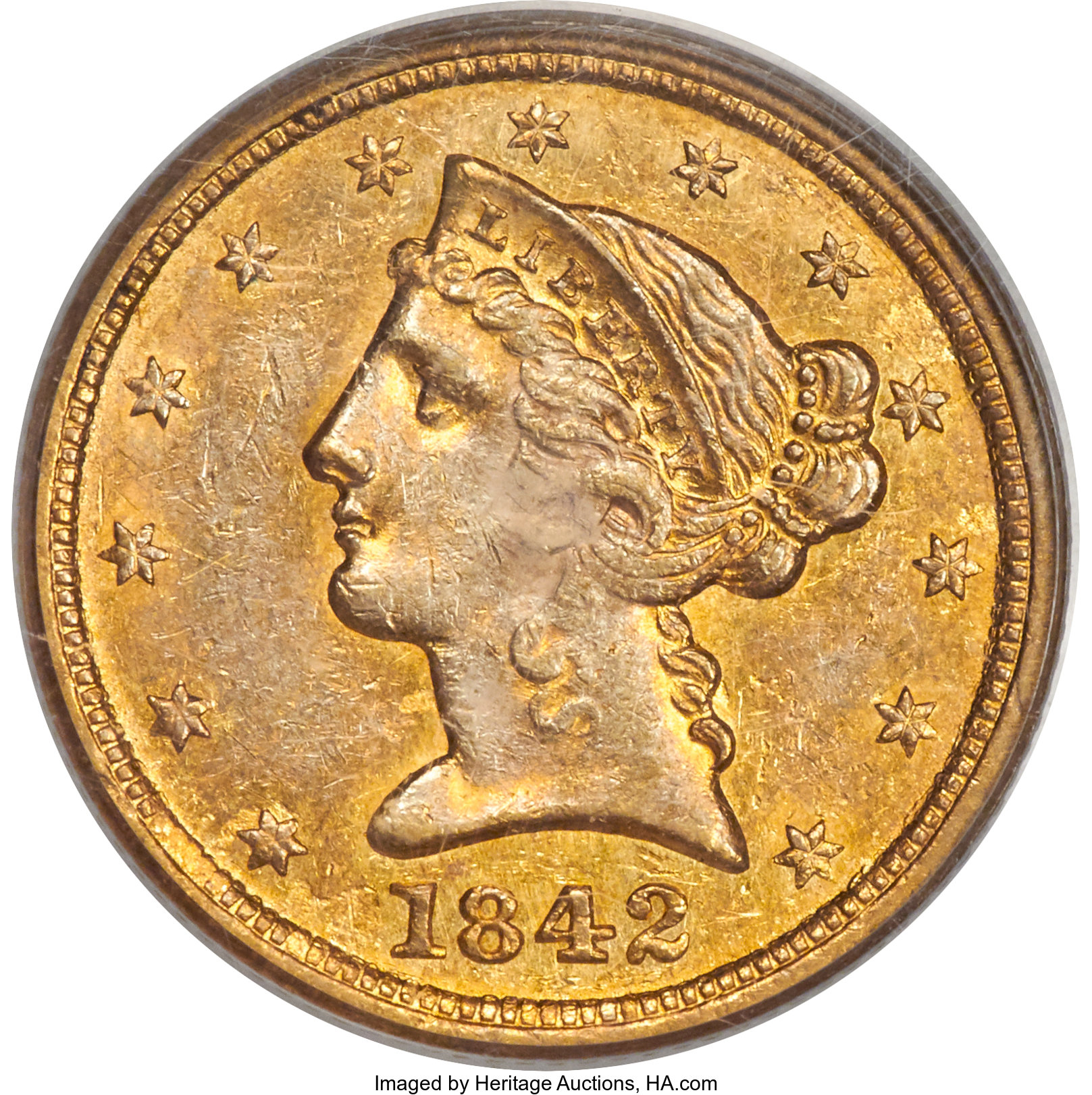 image for: 1842-C $5 Large Date AU53 PCGS. Variety 1....
