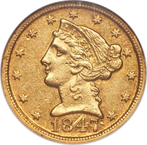 image for: 1847-D $5 AU55 NGC. Variety 19-I....