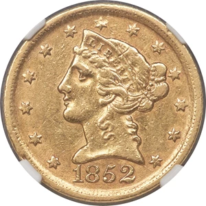 image for: 1852-D $5 AU50 NGC. Variety 32-V....