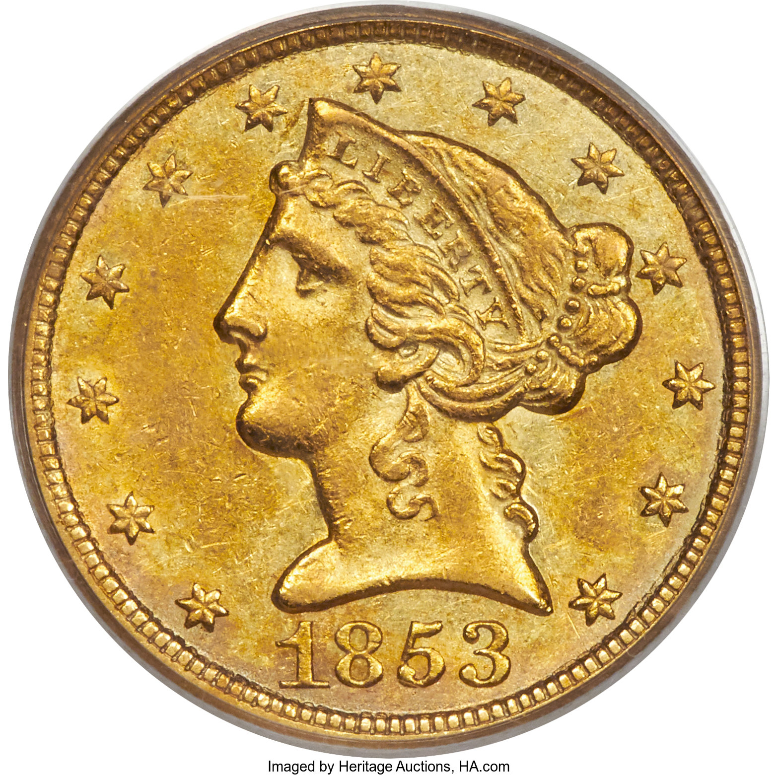 image for: 1853-C $5 AU50 PCGS. Variety 3....