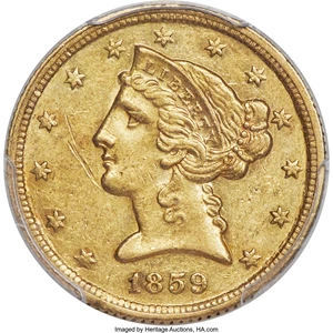 image for: 1859-C $5 AU53 PCGS. Variety 1....