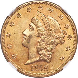 image for: 1858 $20 AU55 NGC....