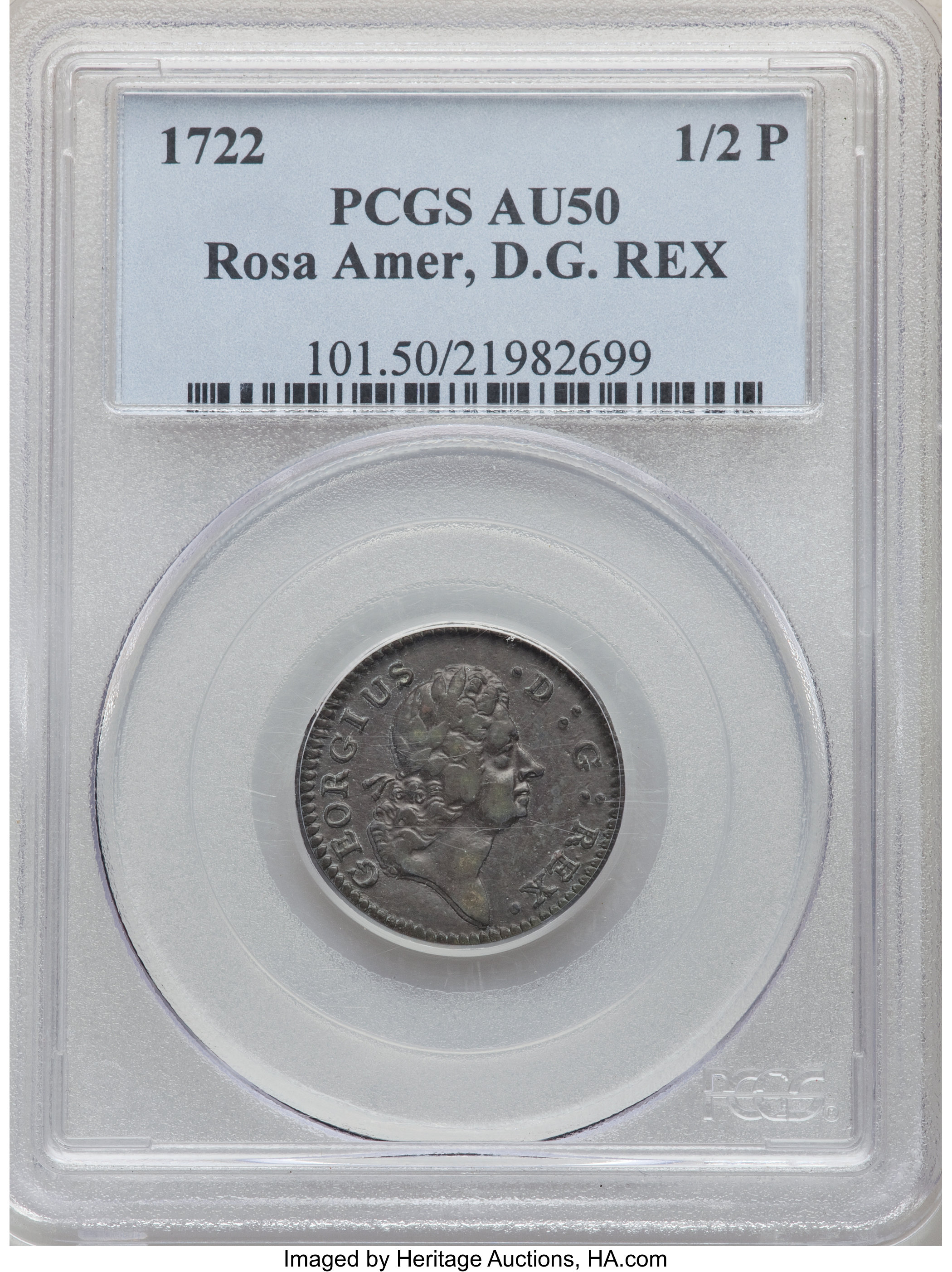 image for: 1722 1/2 P Rosa Americana Halfpenny, DG REX AU50 PCGS. PCGS Population: (3/14). NGC Census: (0/6). CDN: $1,500 Whsle. Bid f...