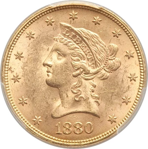 image for: 1880 $10 MS63 PCGS. PCGS Population: (73/23). NGC Census: (41/13). CDN: $1,200 Whsle. Bid for NGC/PCGS MS63. Mintage 1,644,...