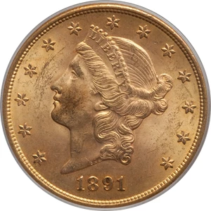 image for: 1891-S $20 MS63 PCGS. CAC. PCGS Population: (1023/149). NGC Census: (566/74). CDN: $1,875 Whsle. Bid for NGC/PCGS MS63. Min...