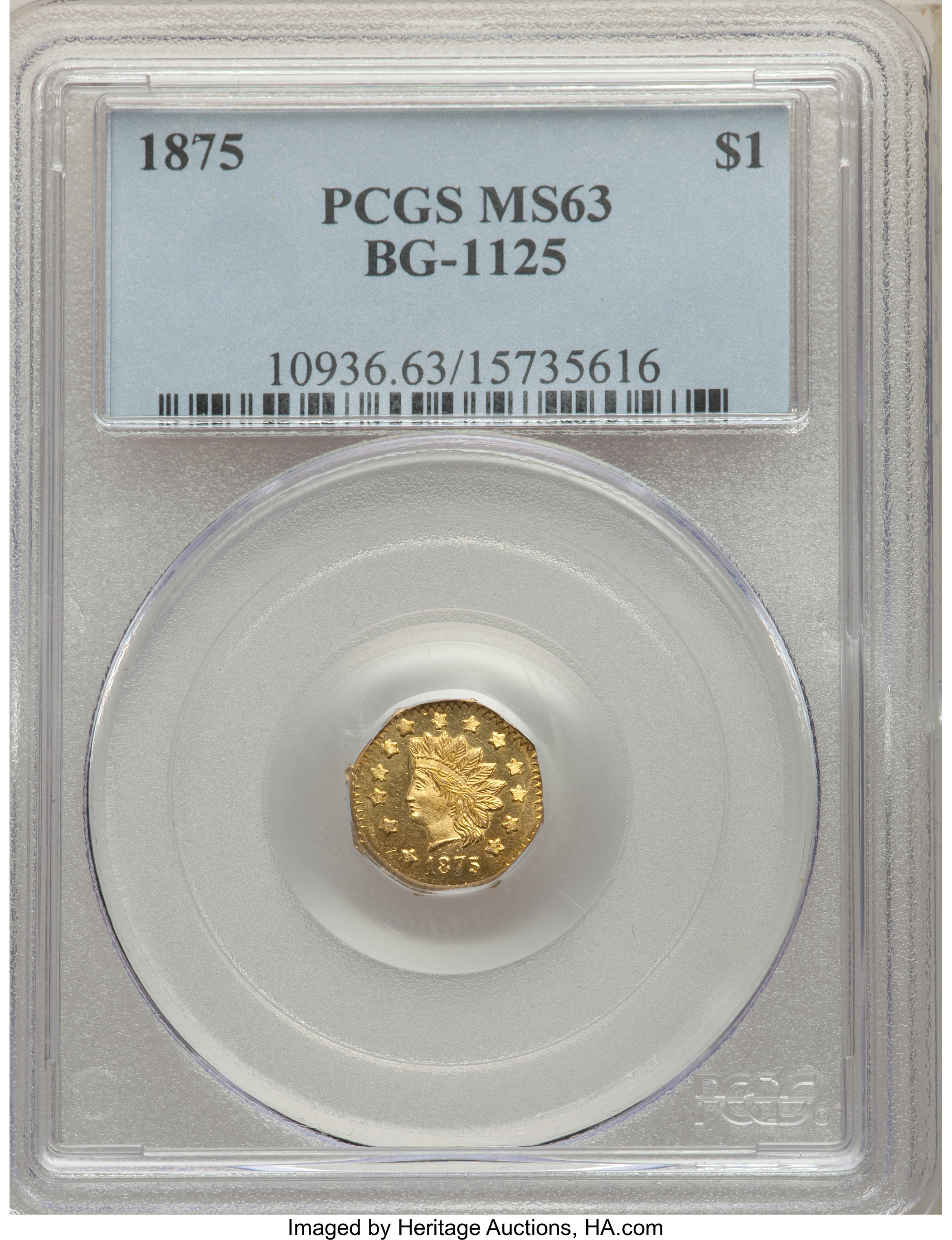 image for: 1875 $1 Indian Octagonal 1 Dollar, BG-1125, Low R.5, MS63 PCGS. PCGS Population: (6/20). NGC Census: (2/0).  ...
