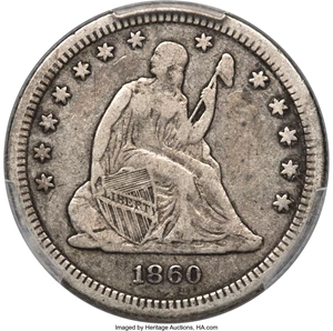 image for: 1860-S 25C Fine 15 PCGS. CAC. Briggs 1-A....