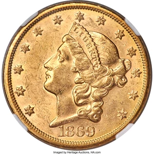 image for: 1869-S $20 MS62 NGC....
