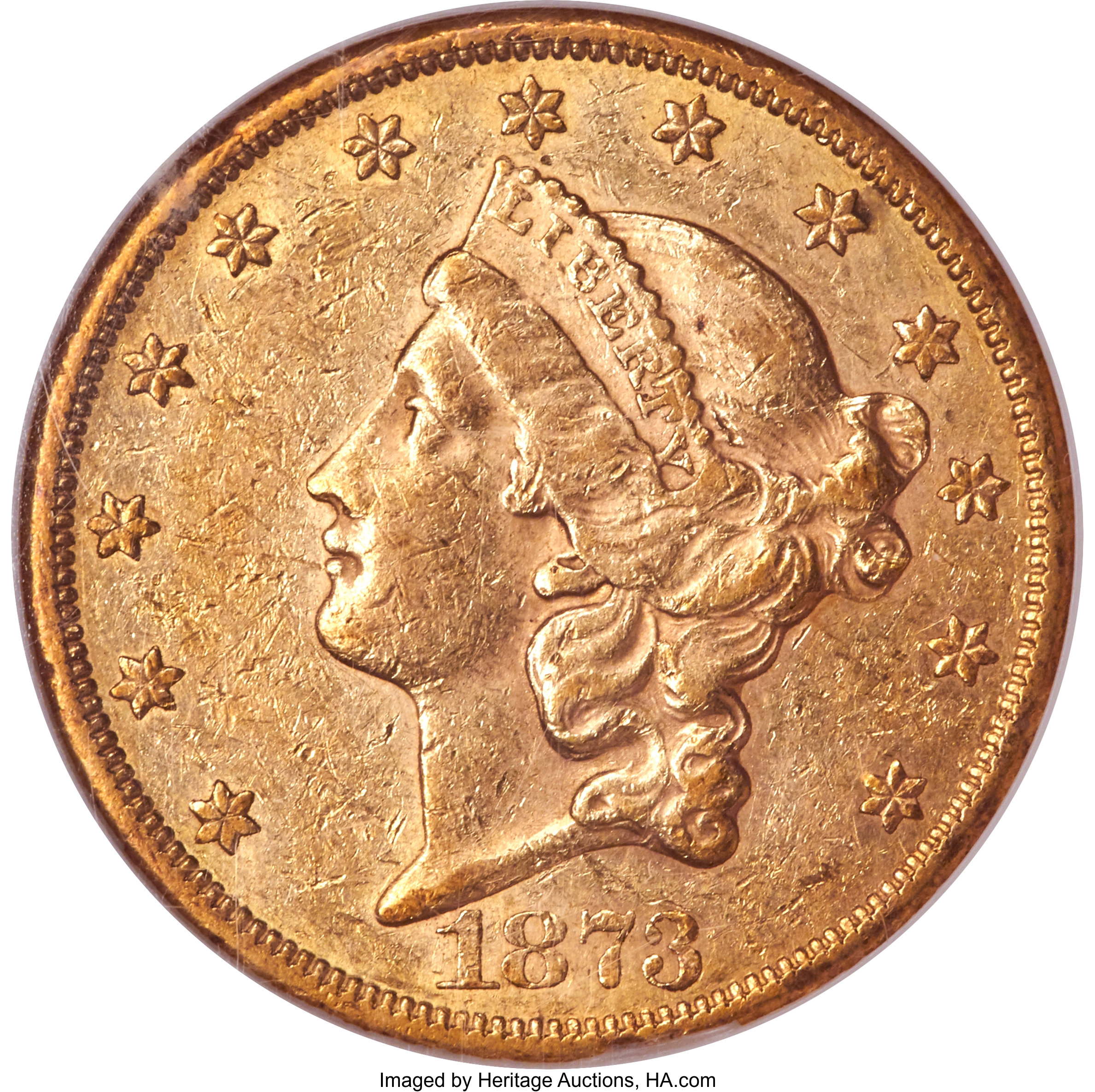 image for: 1873-CC $20 AU55 NGC. Variety 1-A....