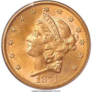 image for: 1874-S $20 MS63 PCGS....