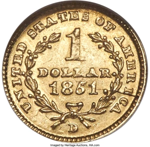image for: 1851-D G$1 MS60 NGC. Variety 3-E....