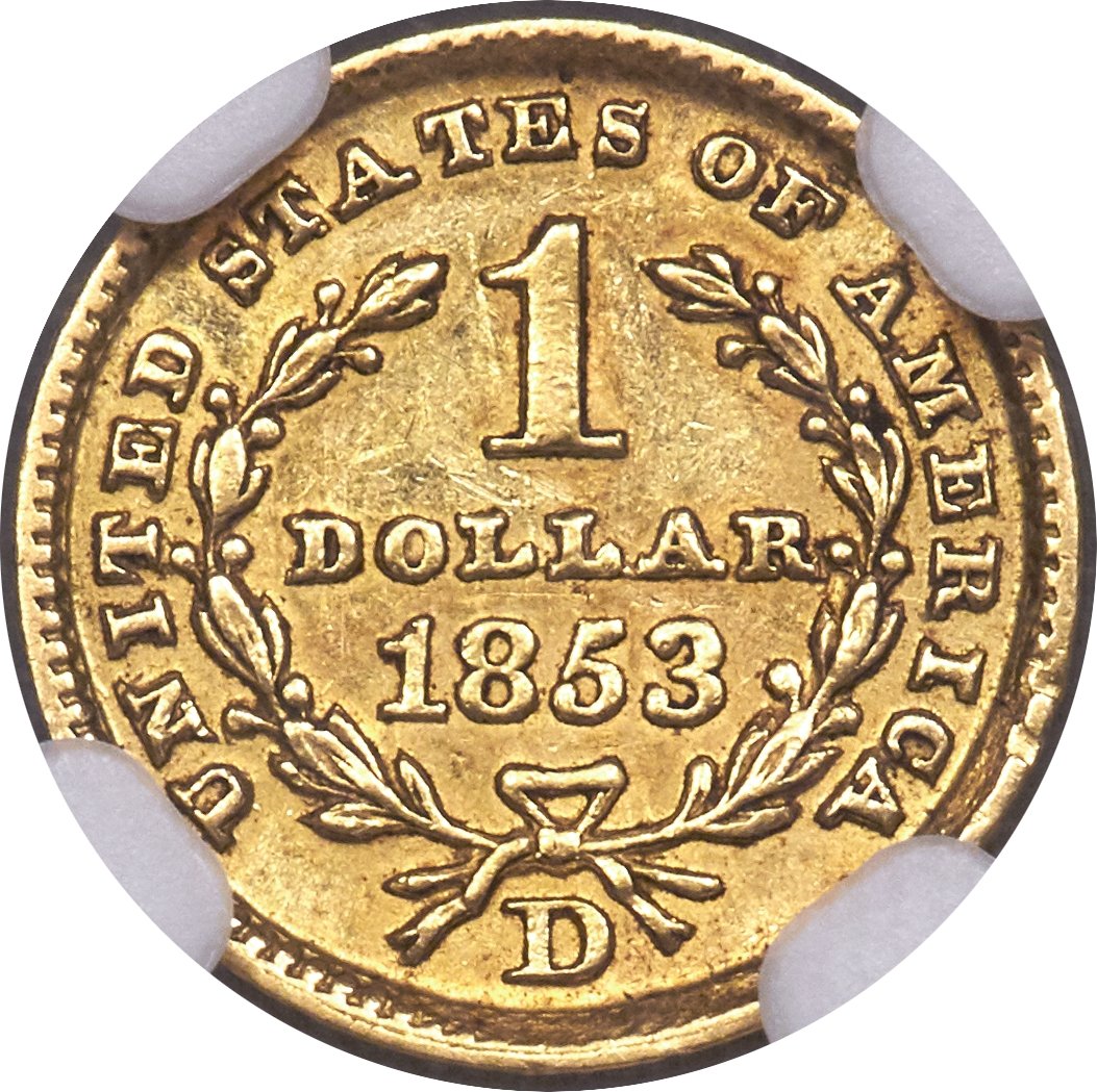 image for: 1853-D G$1 AU58 NGC. Variety 5-G....