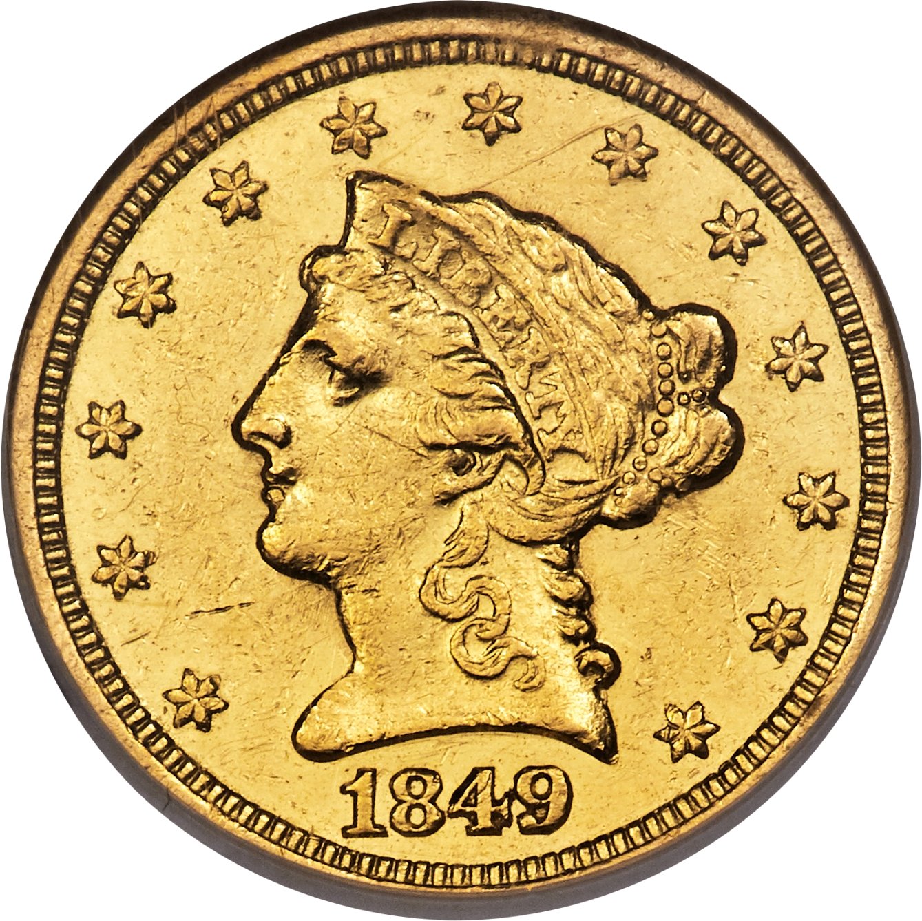 image for: 1849-C $2 1/2 AU58 NGC. Variety 1....