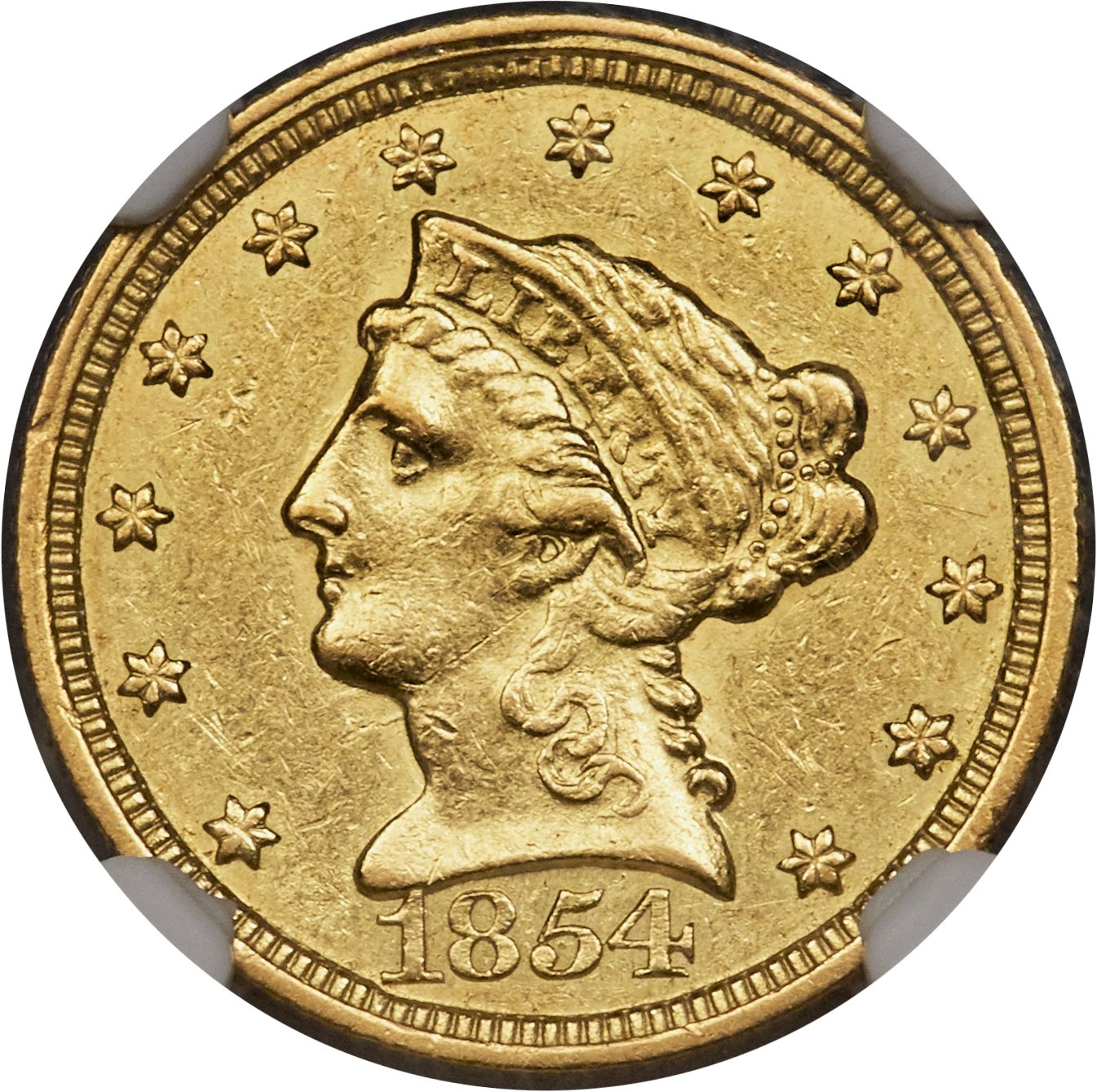 image for: 1854-C $2 1/2 AU50 NGC. Variety 1....