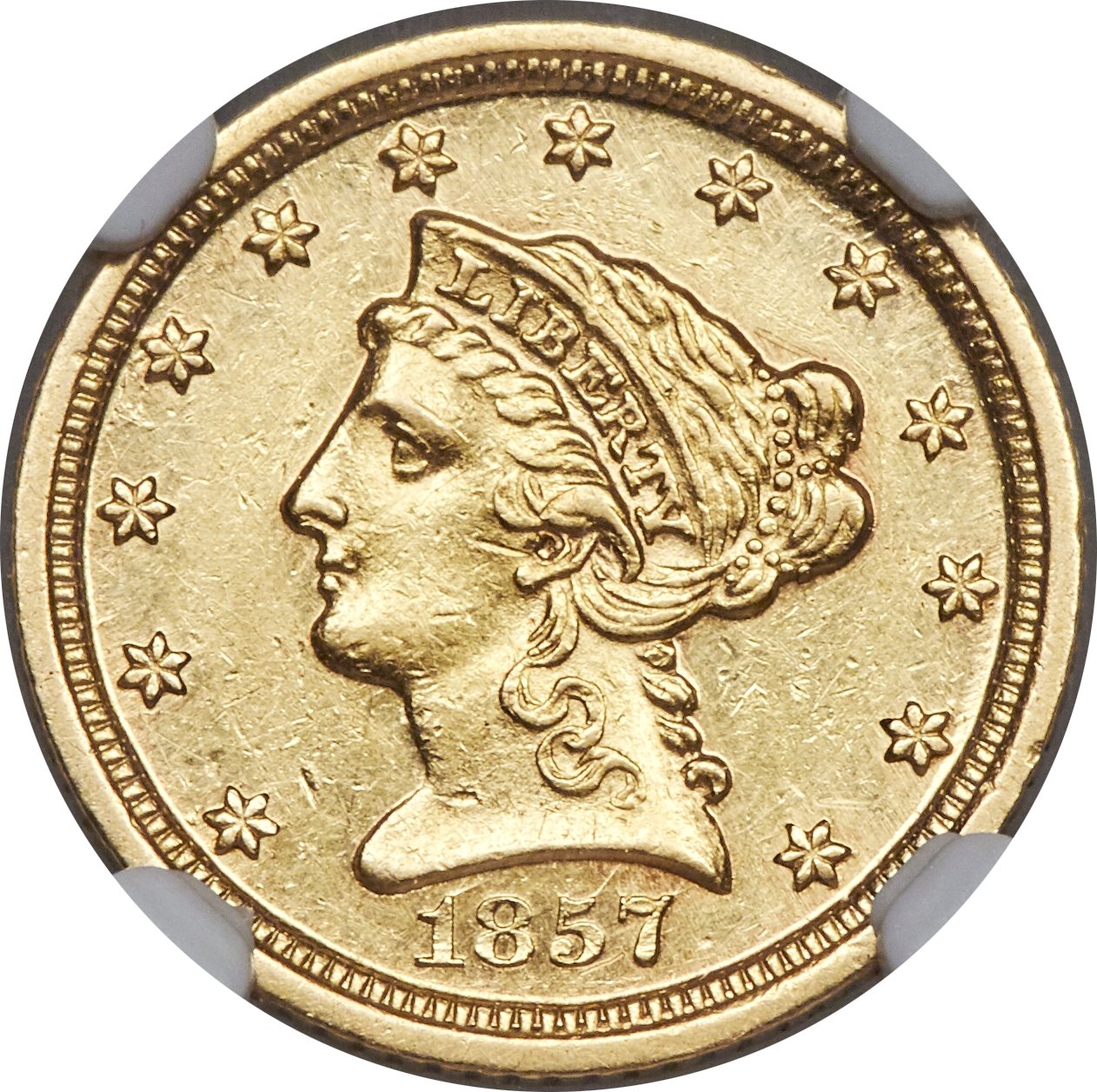 image for: 1857-D $2 1/2 AU55 NGC. Variety 21-N....