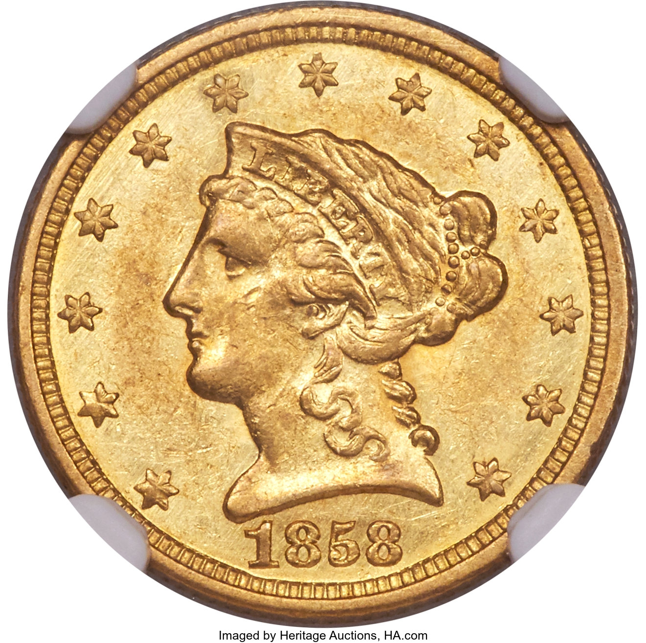 image for: 1858-C $2 1/2 AU55+ NGC. Variety 1....