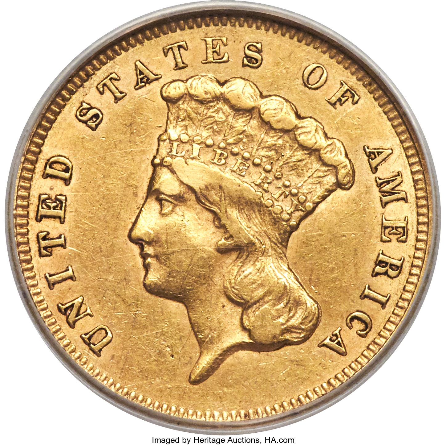image for: 1857-S $3 AU50 ANACS....