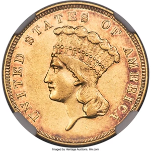 image for: 1858 $3 AU55 NGC....