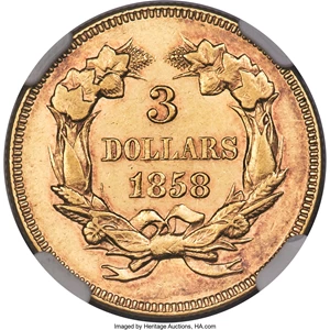 image for: 1858 $3 AU55 NGC....