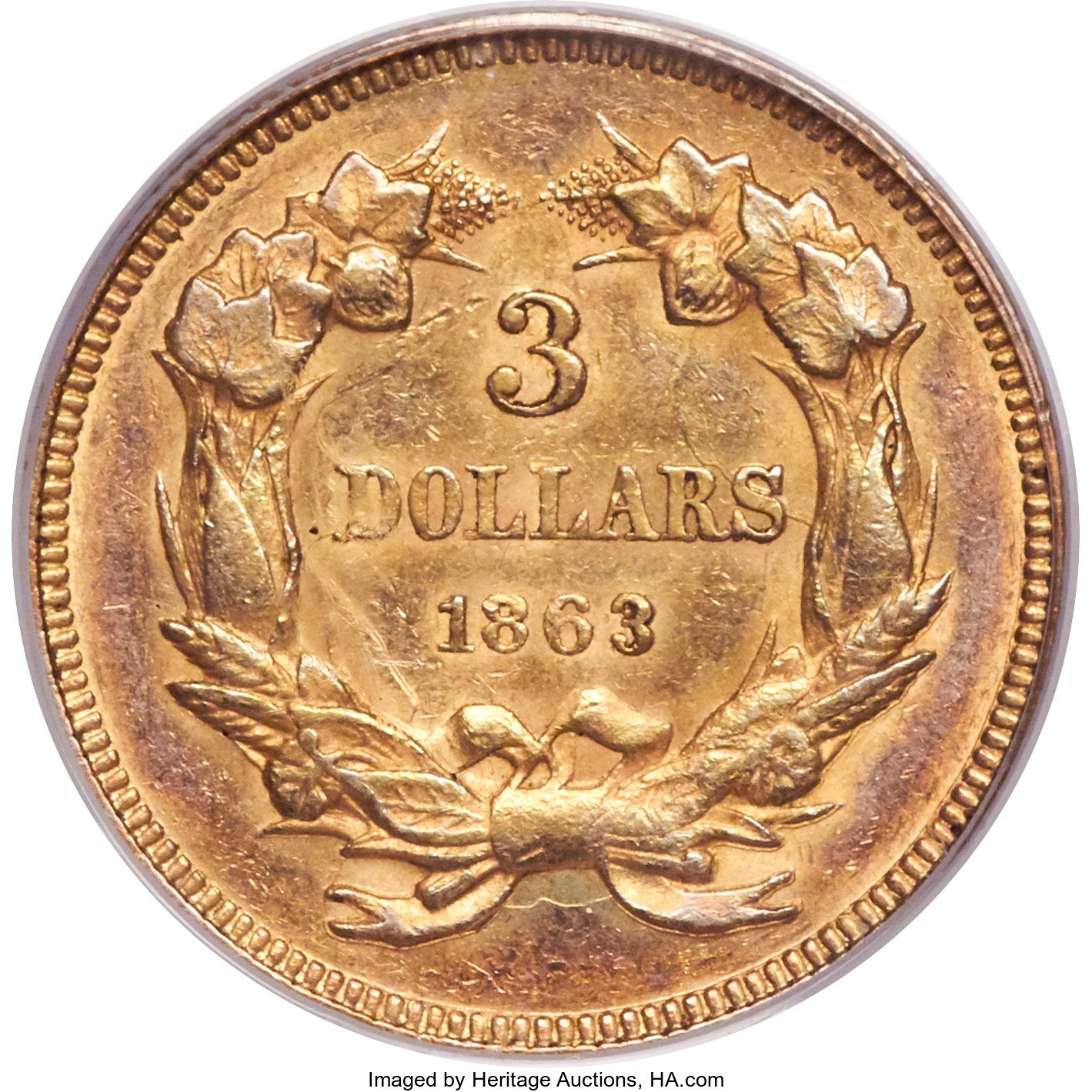 image for: 1863 $3 AU55 PCGS....