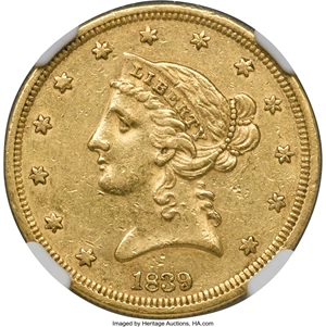 image for: 1839 $5 AU58 NGC....
