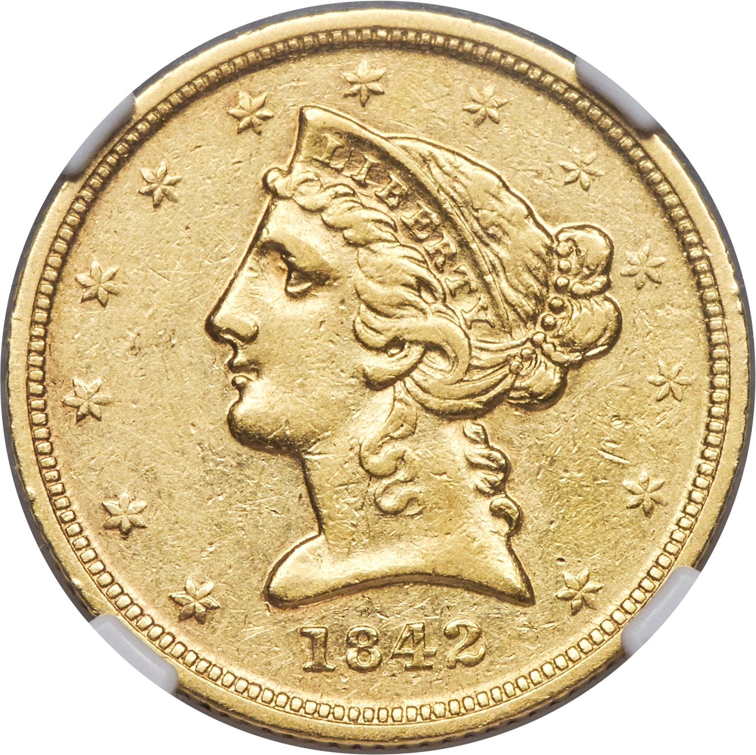 image for: 1842-D $5 Small Date AU53 NGC. Variety 7-E....