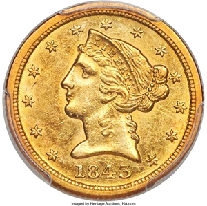 image for: 1843-C $5 AU53 PCGS. Variety 2....