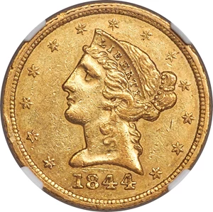 image for: 1844-D $5 AU55 NGC. Variety 11-G....